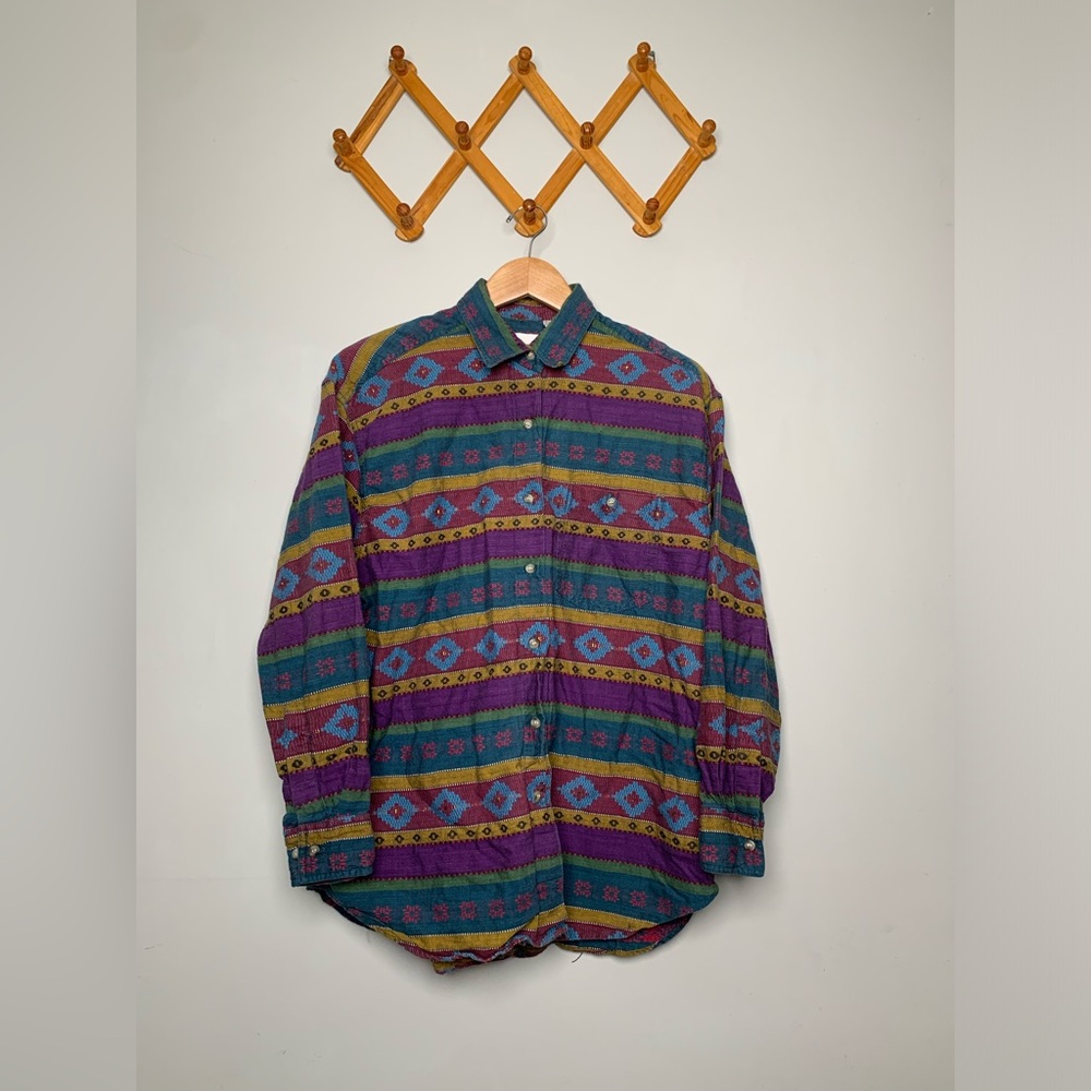 Vintage 90s Just Me Brand Purple Blue Southwestern Pattern Oversized Shirt SZ S